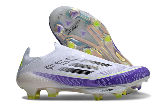 Men's Adidas F50+ Elite Lightstrike Pro Laceless FG Soccer Cleats - White/Purple/Black